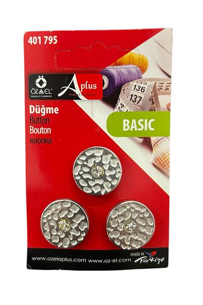 ÖZ-EL AŞ Silver Color Design Fashion Button with Metal Zirconia, 3Pcs 20mm Blouse Button, 401 795