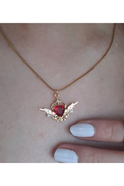 Cey's fashion Kırmızı Zirkon Taşlı Kolye Kırmızı Kalp Kolye Gold Renk Paslanmaz Çelik Kalpli Kolye ( kararmaz)