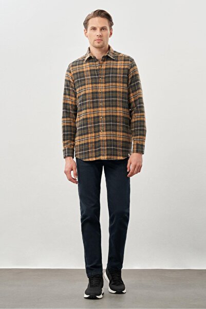 İmza Hardal Yünlü Ekose Desen Yumuşak Yaka Cepsiz Uzun Kol Casual Comfort Fit Gömlek 1004245227