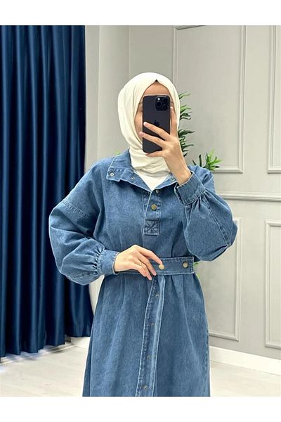 OlaLady Women's Zipper Detailed Hem Tassel Long Denim Jeans Dress