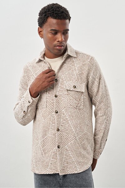 İmza Μπεζ μακρυμάνικο πουκάμισο από βαμβακερό κλασικό άνετο πουκάμισο με κάλυμμα τσέπης από γαμπαρντίνα 1004245167