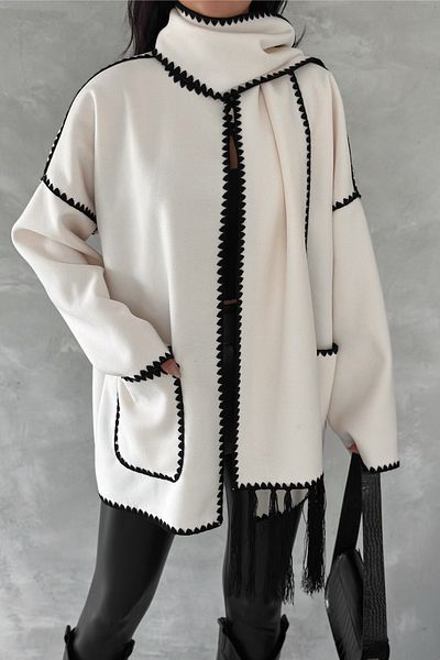 FEMELLE Dámské ecru standardní velikosti dvojité kapesní ovčák šití Premium razítko kimono s šátek příslušenství