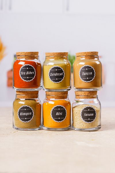 KRM HOME 6 Pieces Small Size Glass Jar Set with Cork Lids 300 Ml, 12-Piece Spice Rack, Black Label