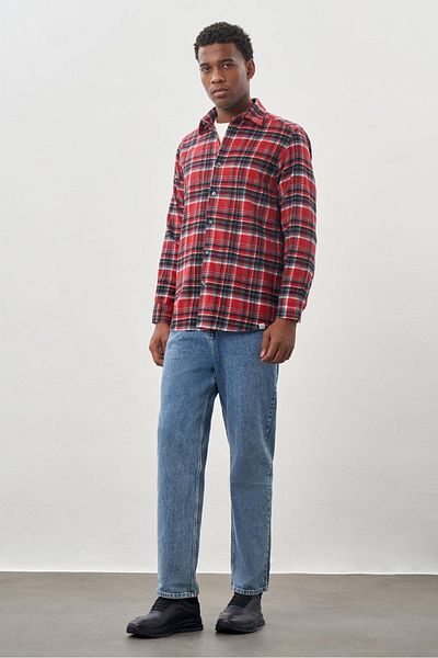 İmza Soft Lapel Plaid Print Red Shirt - Long Sleeve, Pocketless, Casual Comfort Fit 1004245227