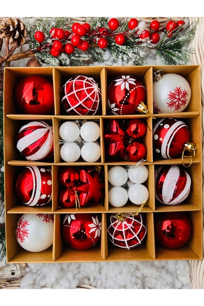 Derin Düşler Christmas Pine Tree Ornament - Red and White Motif, 3-4-6 Cm, 42 Pieces