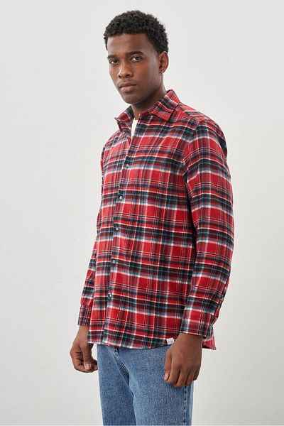 İmza Soft Lapel Plaid Print Red Shirt - Long Sleeve, Pocketless, Casual Comfort Fit 1004245227