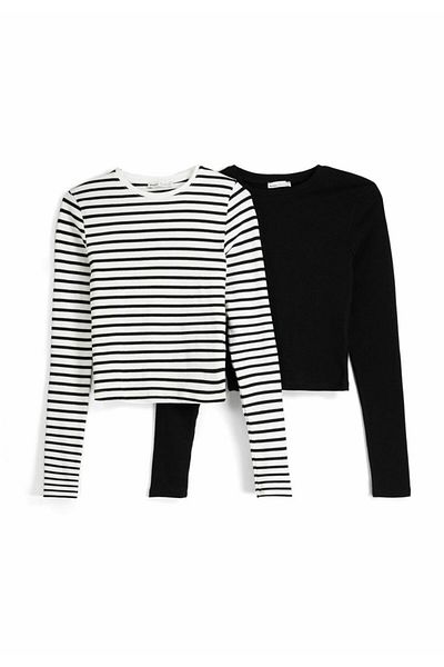ÖZ PAMUK Women's Ribbed Crop Blouse - 2-Piece, 100% Cotton, Crew Neck, Long Sleeve
