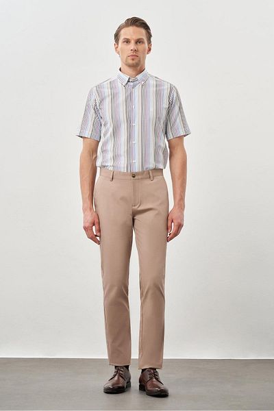 İmza Σκούρο μπεζ βαμβακερό πλαϊνό παντελόνι Chino Casual Slim Fit 1003245168