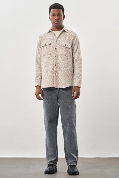 İmza Μπεζ μακρυμάνικο πουκάμισο από βαμβακερό κλασικό άνετο πουκάμισο με κάλυμμα τσέπης από γαμπαρντίνα 1004245167