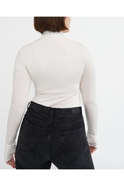 MADAM SHİLA White Darkalıp Slimfit Cotton Half Turtleneck Finger Detail Blouse Long Sleeve Interlock Blouse