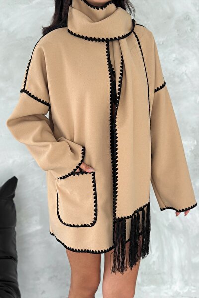 FEMELLE Kimono de damă, bej, mărime standard, cu buzunar dublu, cusătură pastorală, cu accesorii pentru șal