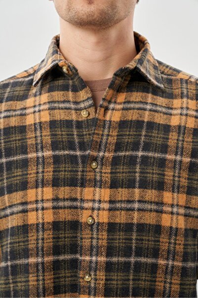 İmza Hardal Yünlü Ekose Desen Yumuşak Yaka Cepsiz Uzun Kol Casual Comfort Fit Gömlek 1004245227