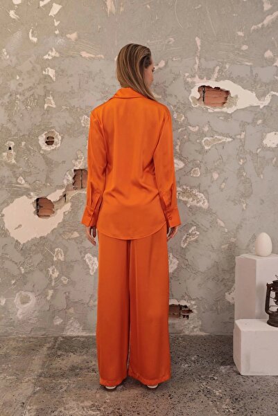 Genel Markalar Kobe Saten Kumaş Beli Lastikli Kadın Pantolon-Oranj