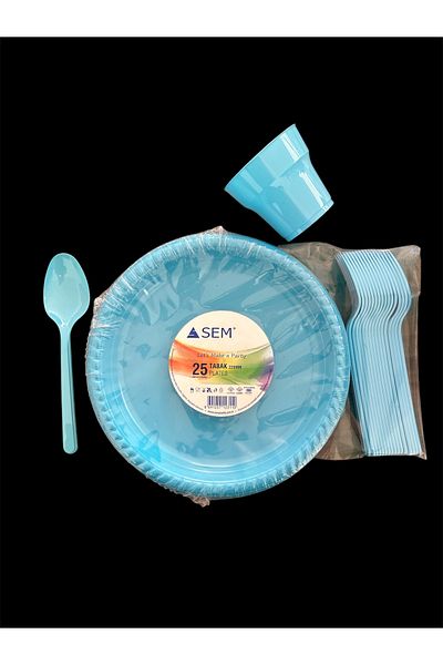 partideyince Plastic Hard Plate Cup Fork Spoon Blue Color Set of 25