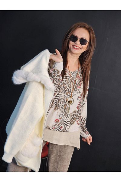 Felix Butik Feli̇x13037 Burgundy-Coffee Shawl Pattern Necklace Stone Color Imported Blouse