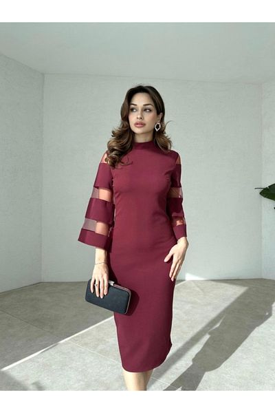 Afiş Butik Rochie midi cu mâneci cu dungi transparente bordeaux