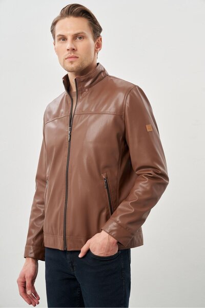 İmza Σκούρο καφέ Slim Fit Casual Δερμάτινο Παλτό - Δικαστικός γιακάς, Χωρίς σχισμή, Πλήρης Φόδρα 1038245151