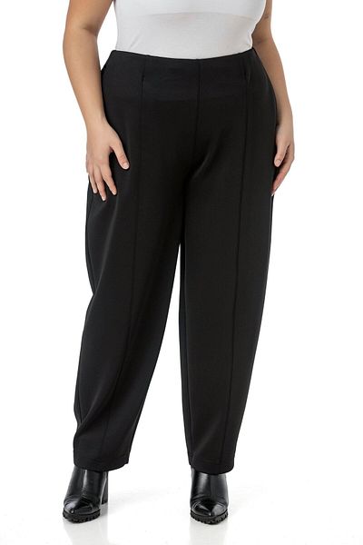 DISENTIS MODEST Plus Size Half Baggy Black Trousers with Elastic Waist Back Pockets