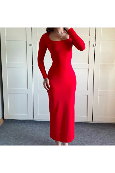 MEGOMEL Vörös szögletes galléros hosszú ujjú Lycra hosszú ruha