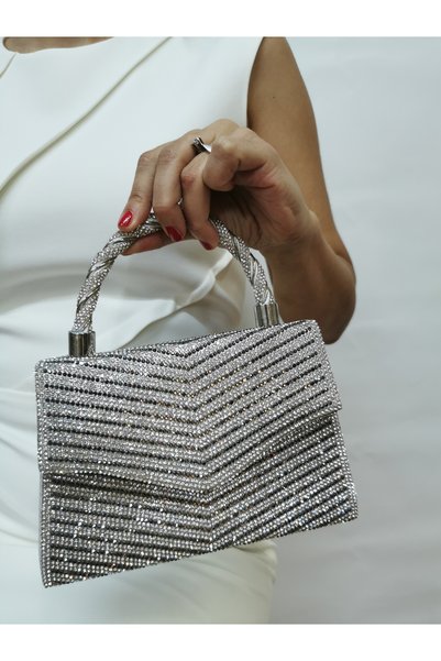 MODA Beegi̇ Concept Women's Evening Dress Stone Silver Chain Wedding Night Party Bag