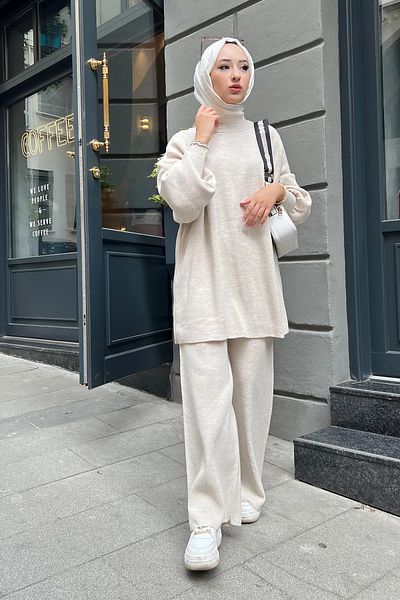 İpli Balloon Sleeve Knitwear Women's Set - Stone Color