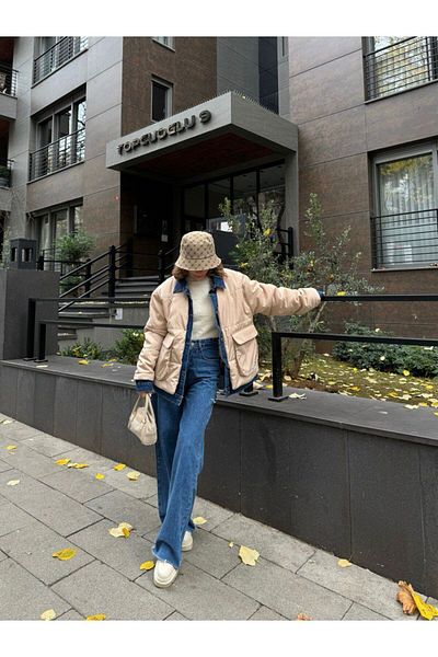 My Blog Beige Denim Detailed Large Pocket Coat-00666