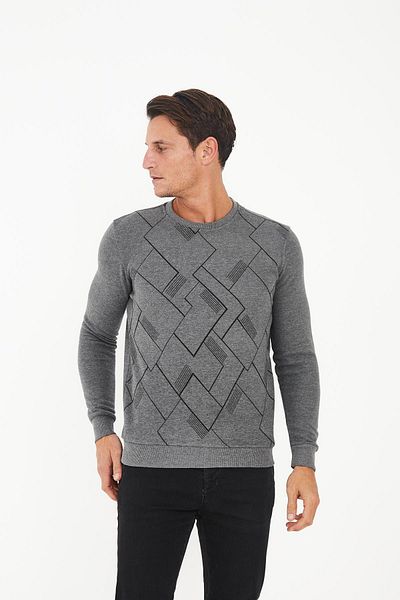 Maccali Men's Geometric Print Basic Winter Long Gray Sweatshirt