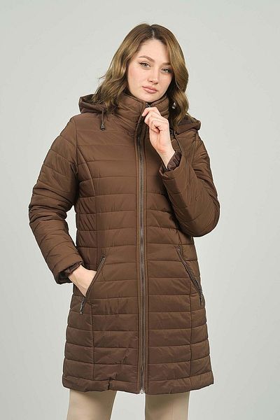 Veger Women's Quilted Coat with Hood 3422 - Double Pockets, Brown