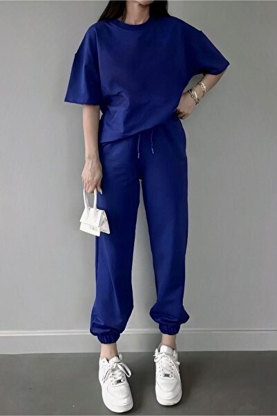 FİTGO Синій 3-нитковий жіночий еластичний штани з манжетами