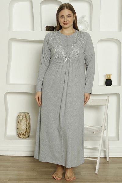 ERDENİZ TEKSTİL Women's Long Sleeve Button Collar Laced Oversize Cotton Nightgown