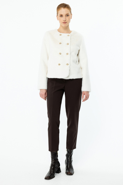 Ekol Plush Coat 7041 - Women'S, Button Detail, Ecru