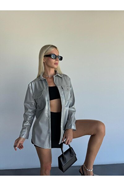 ADEGO Women's Silver Gray Oversize Straight Cut Leather Jacket