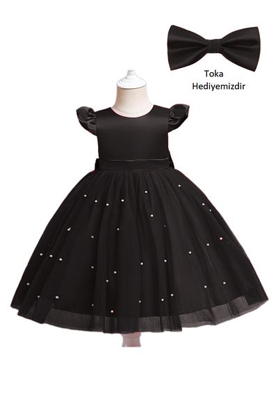HSNLİFE Black Pearl Detailed Bow Buckle Gift Dress Graduation Prom Birthday Dress