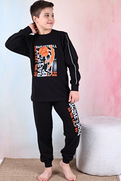 KAPİKİDS Uzun Kollu Bisiklet Yakalı Siyah Renk  Basketbol'lu İnterlok Erkek Pijama Takımı