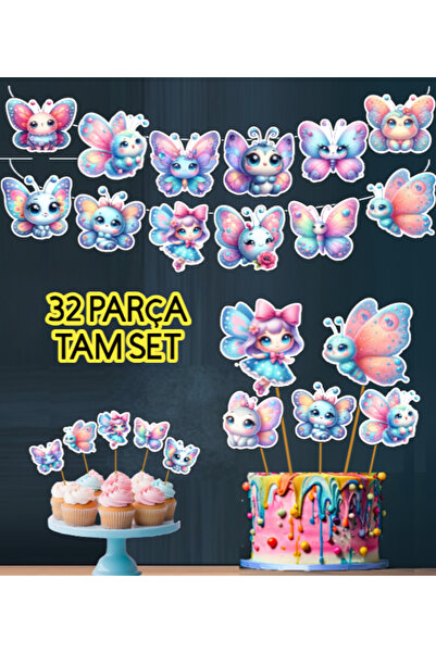 Hiras Dizayn Kuromi-32Parça Sevimli Kelebek Temalı Dev Doğum Günü Süsü Banner...