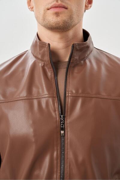 İmza Σκούρο καφέ Slim Fit Casual Δερμάτινο Παλτό - Δικαστικός γιακάς, Χωρίς σχισμή, Πλήρης Φόδρα 1038245151