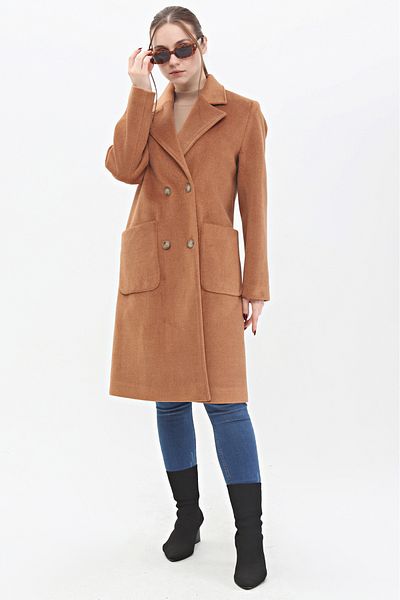 Veger Women's Double Pocket Detailed Wool Cashew Coat 3440 Tan