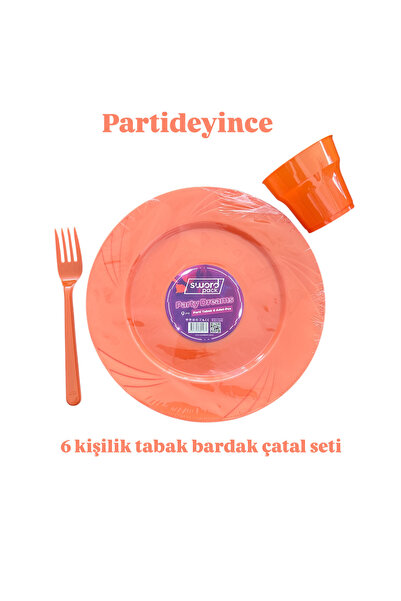 partideyince PLASTİK SERT MİKA TABAK ÇATAL BARDAK  TURUNCU RENK 6 KİŞİLİK SET