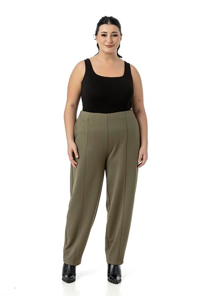 DISENTIS MODEST Plus Size Half Baggy Khaki Trousers with Elastic Waist Back Pockets