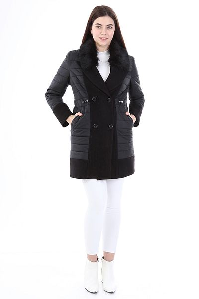 Veger Black Quilted Coat - Fur Collar, Double Fabric Detail, Model 3346