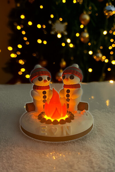 Obaco Kişiye Özel Sevimli Kardan Adam Çift Mumluğu, Sevgiliye Hediye, Tealight Ledli Yılbaşı Dekoru