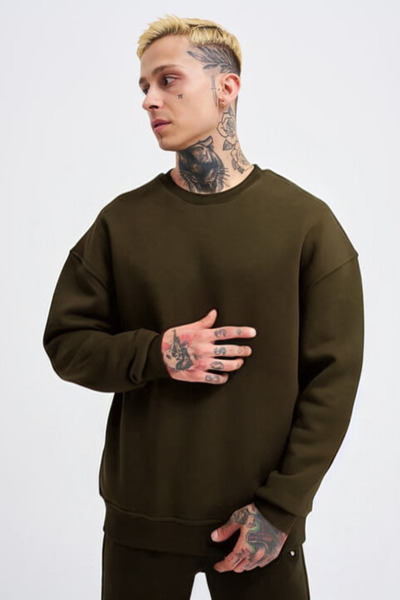 YAKAMEL Pulover pentru bărbați, supradimensionat, cu 3 fire, cu mânecă lungă ...