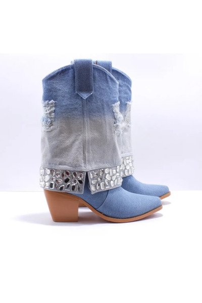 Guja 24K175 Сині штани з каменями, зручні, на товстому каблуці, стильні джинси - Ковбойські короткі чоботи Wes