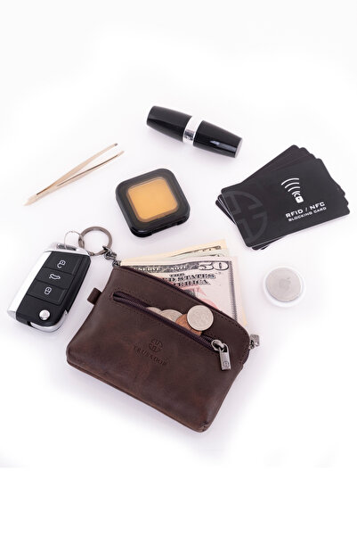 Trusador Milano Brown Zippered Mini Size Pouch Wallet Unisex Genuine Leather Rfid Protected