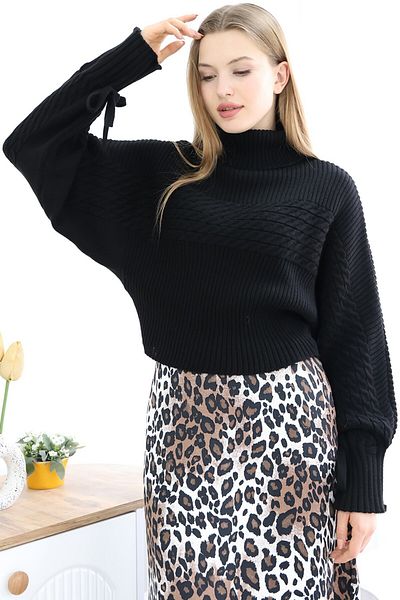 VEGENZE Pulover de damă, cu model de tricotat cu păr negru, cu mânecă liliac