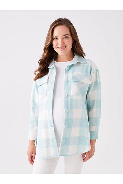 LC Waikiki Lcwaikiki Maternity Green Plaid Long Sleeve Maternity Lumberjack Shirt Jacket