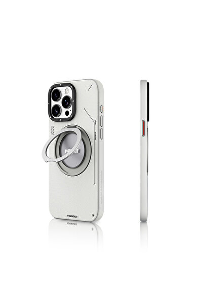 Youngkit iPhone 15 Pro Max Kılıf Magsafe Özellikli 360 Standlı Deri Desenli Youngkit Tech Leather Serisi Gri