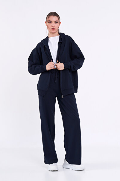 mmetalic Γυναικείο σετ φούτερ με κανονική εφαρμογή Navy Blue Basic ελαστική μέση με κουκούλα Oversize εποχιακό κάτω μέρος