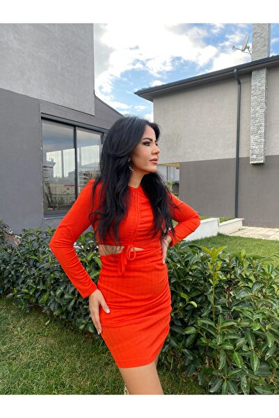Millagros feel good with us Drapeli Bel Dekolteli Turuncu Elbise