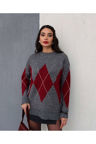 Human Base Women's Burgundy Gray Old Money Diamond Print Sweater - Allure Collect for Christmas